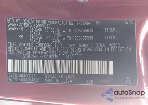 2019 Toyota Sienna Se Premium z USA, uszkodzony, nr VIN 5TDEZ3DC5KS216315